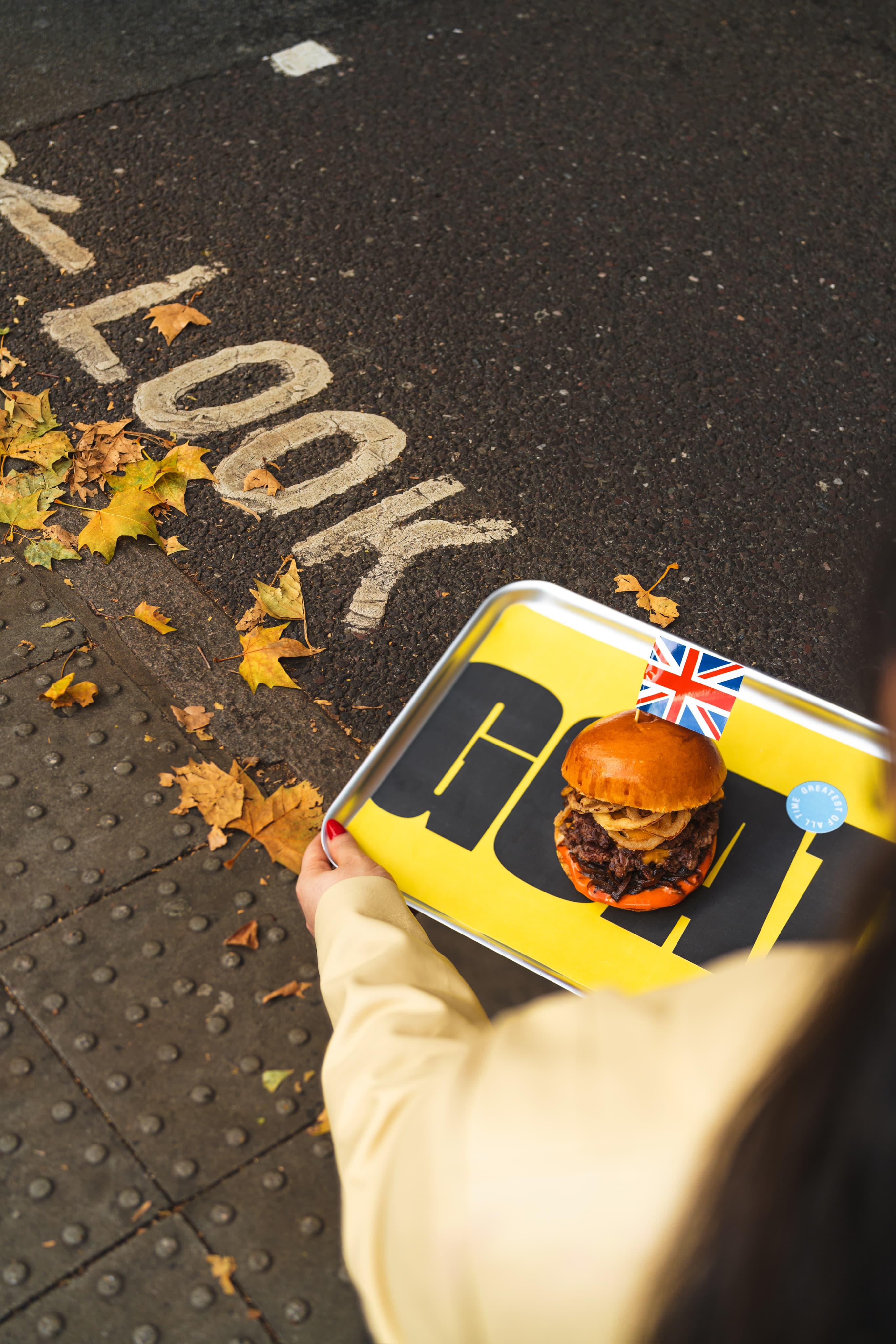 Burger tray on a city street